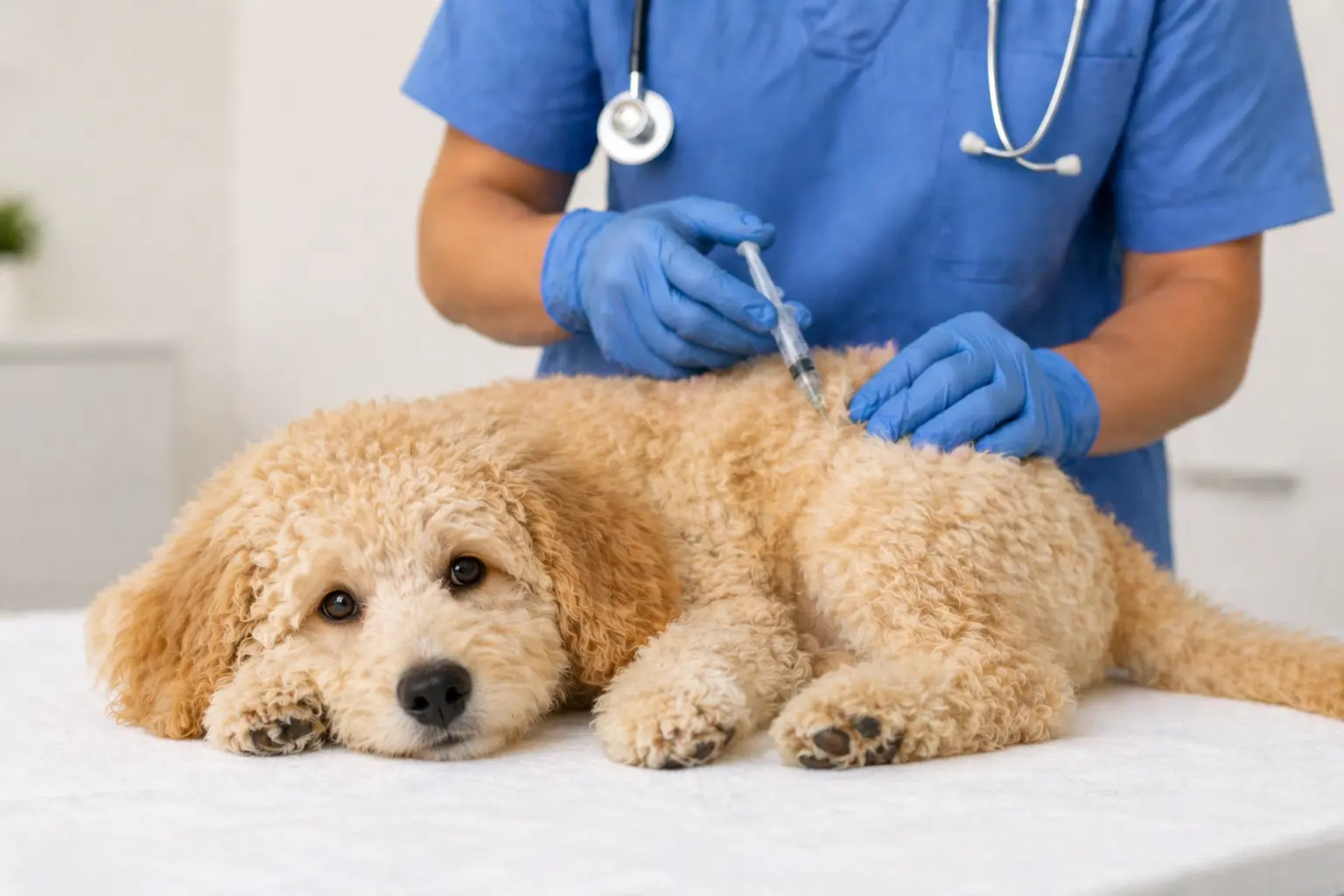 Hond die rustig wordt voorbereid op een dierenartscontrole